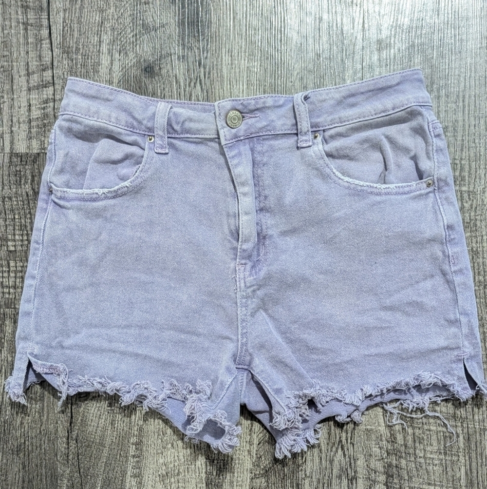 Zenana Lavender Denim Shorts Medium High Rise Stretch Frayed Hem Casual Summer